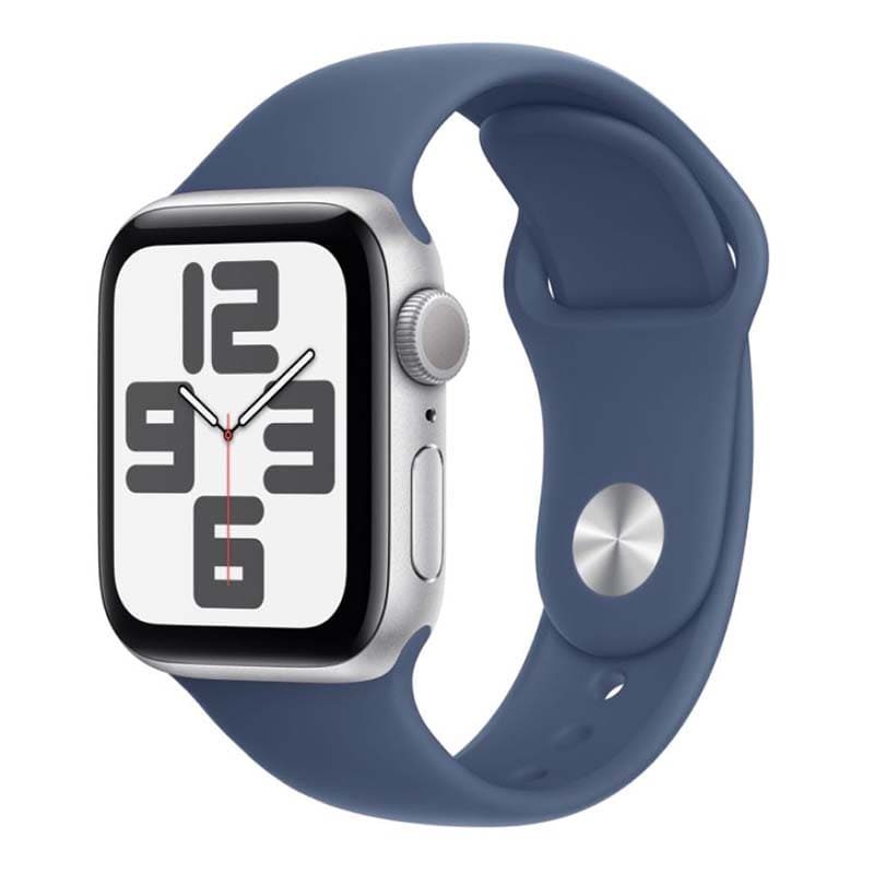 Купить apple watch se (2024), 40 мм корпус из алюминия цвета «silver», ремешок sport band размера s/m цвета «denim» с доставкой